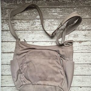 Travelon Taupe Crossbody Bag with Front Zip Pocket and 2 Bottle Holders